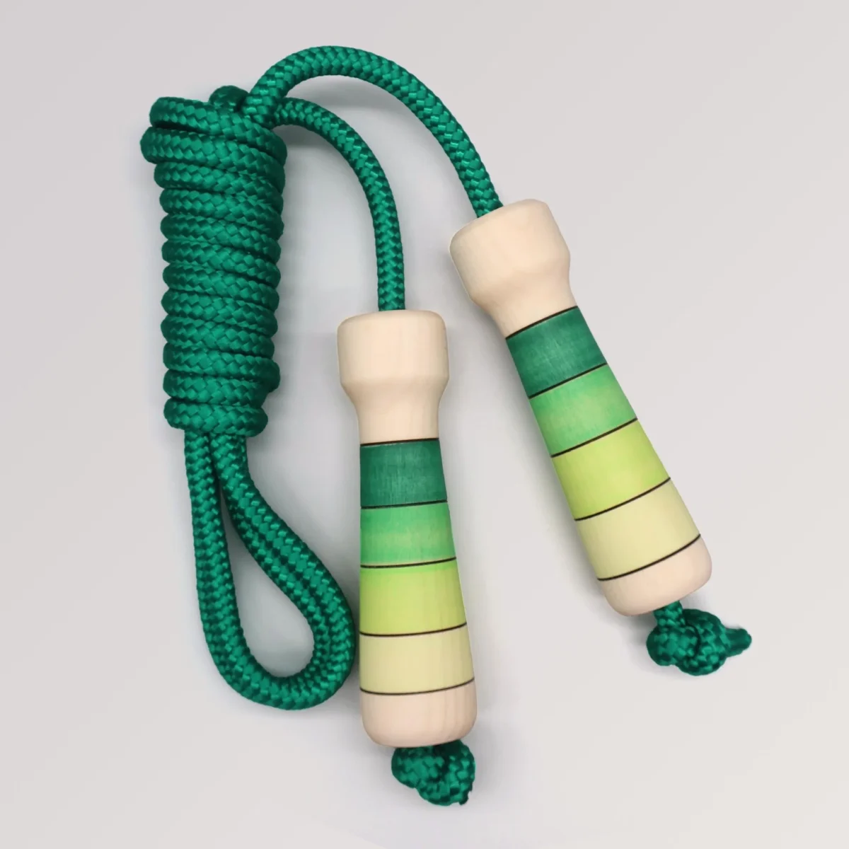 Skipping rope with hand-turned wooden handle